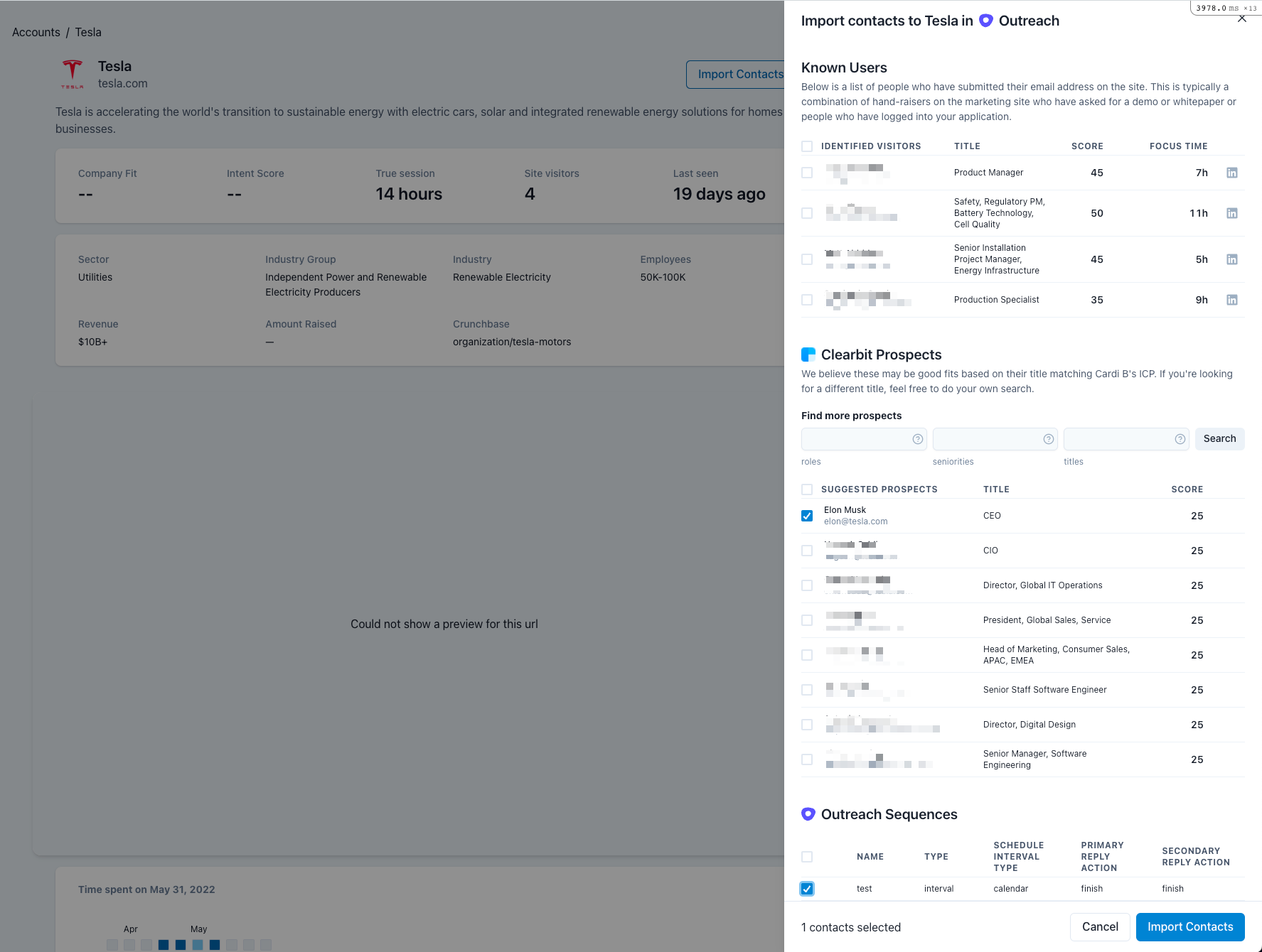 Screenshot of importing contacts to Outreach.